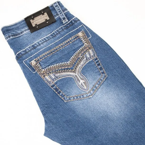 Blue Cowboy Boot-Cut Pants with Braided Embroidery on Back Pockets by denim