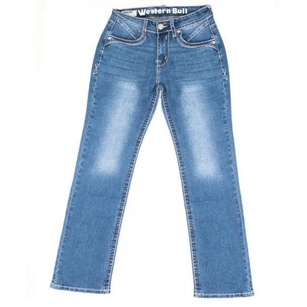 Blue Cowboy Boot-Cut Pants with Braided Embroidery on Back Pockets by denim