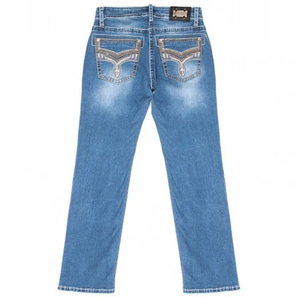 Blue Cowboy Boot-Cut Pants with Braided Embroidery on Back Pockets by denim