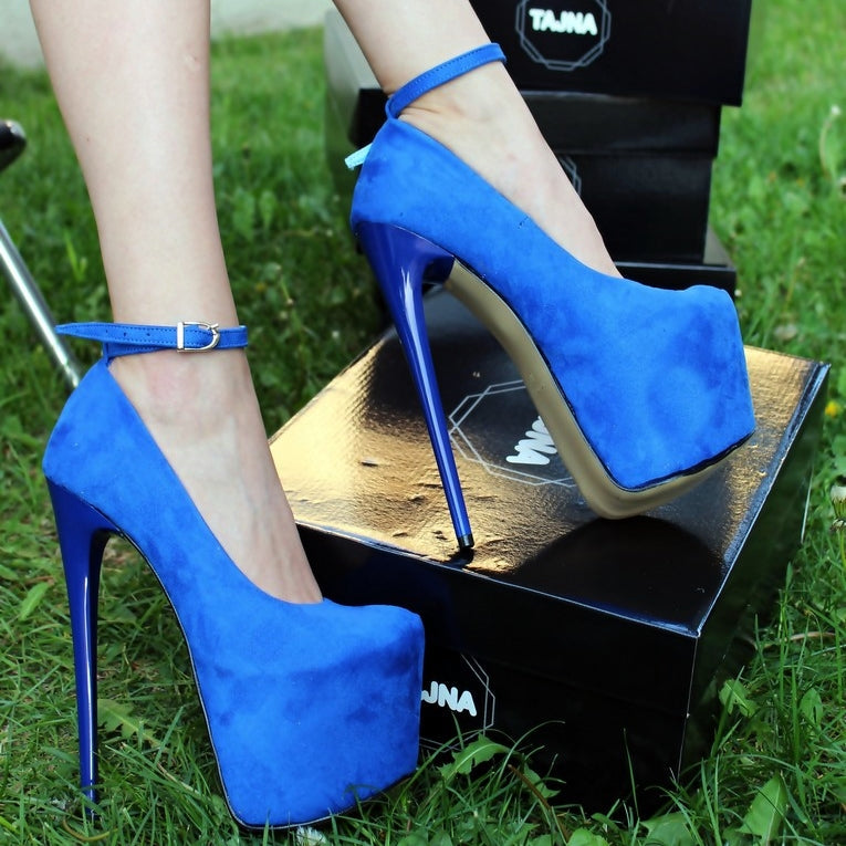 Blue Faux Suede Ankle Strap High Heel Platform Shoes