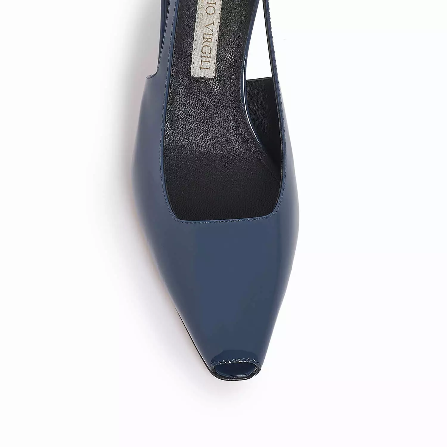 Blue women's patent leather slingback pump.