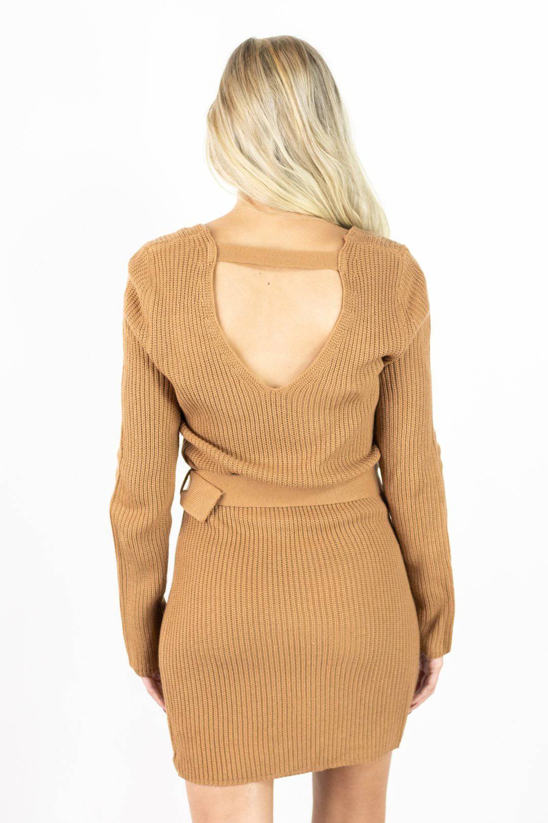 bodycon v neck dress open back tan