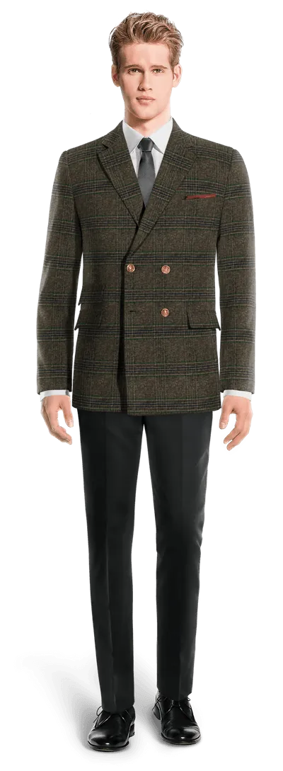 Brown checked tweed double-breasted blazer.