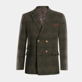 Brown checked tweed double-breasted blazer.