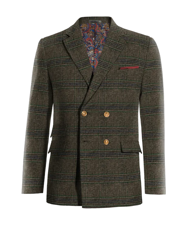 Brown checked tweed double-breasted blazer.