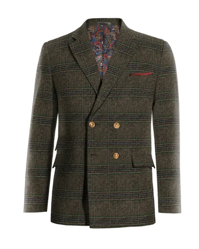 Brown checked tweed double-breasted blazer.