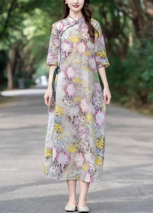 CG1009 Yellow Lace Up Print Linen Dress - Stand Collar Half Sleeve