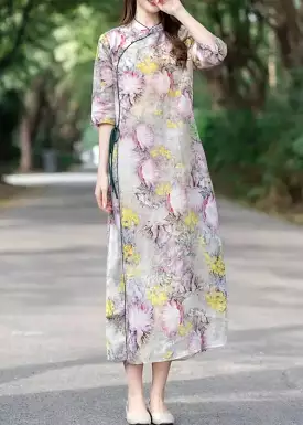 CG1009 Yellow Lace Up Print Linen Dress - Stand Collar Half Sleeve