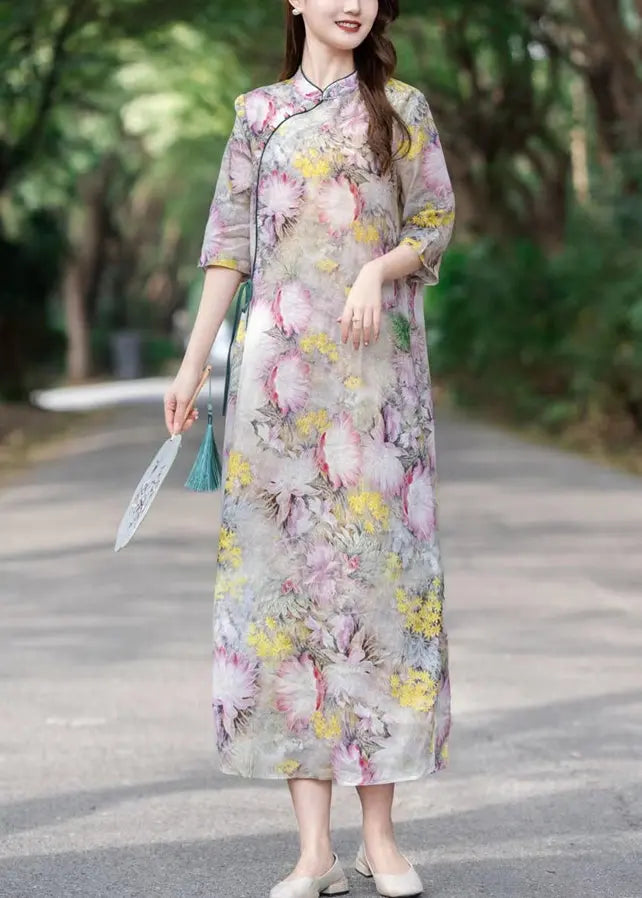 CG1009 Yellow Lace Up Print Linen Dress - Stand Collar Half Sleeve