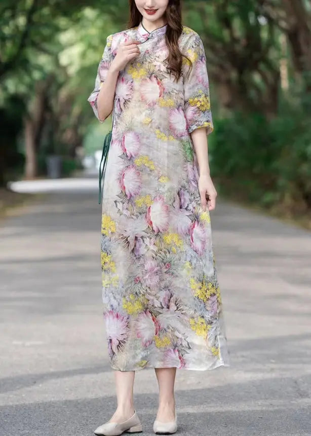 CG1009 Yellow Lace Up Print Linen Dress - Stand Collar Half Sleeve