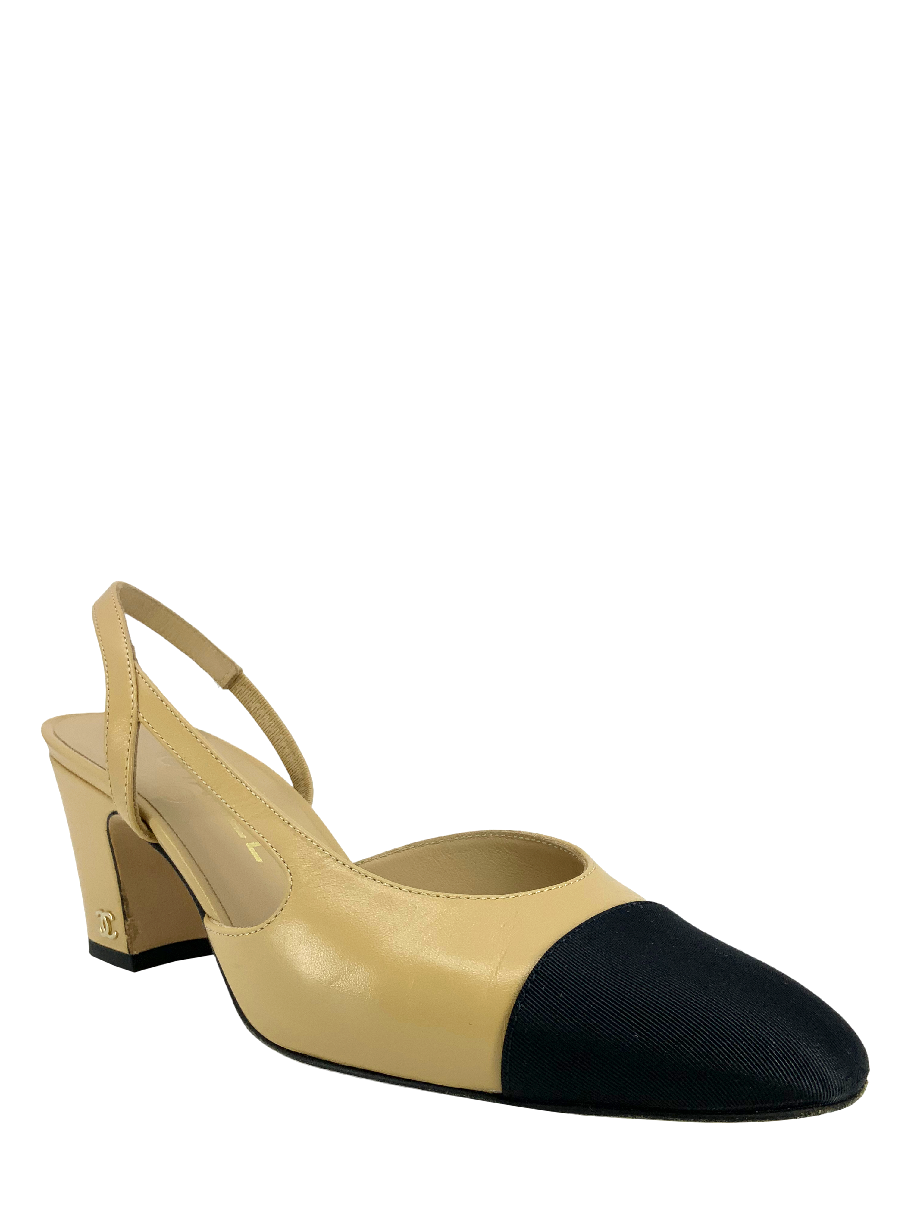 Chanel leather cap toe CC slingback pumps, size 6.5