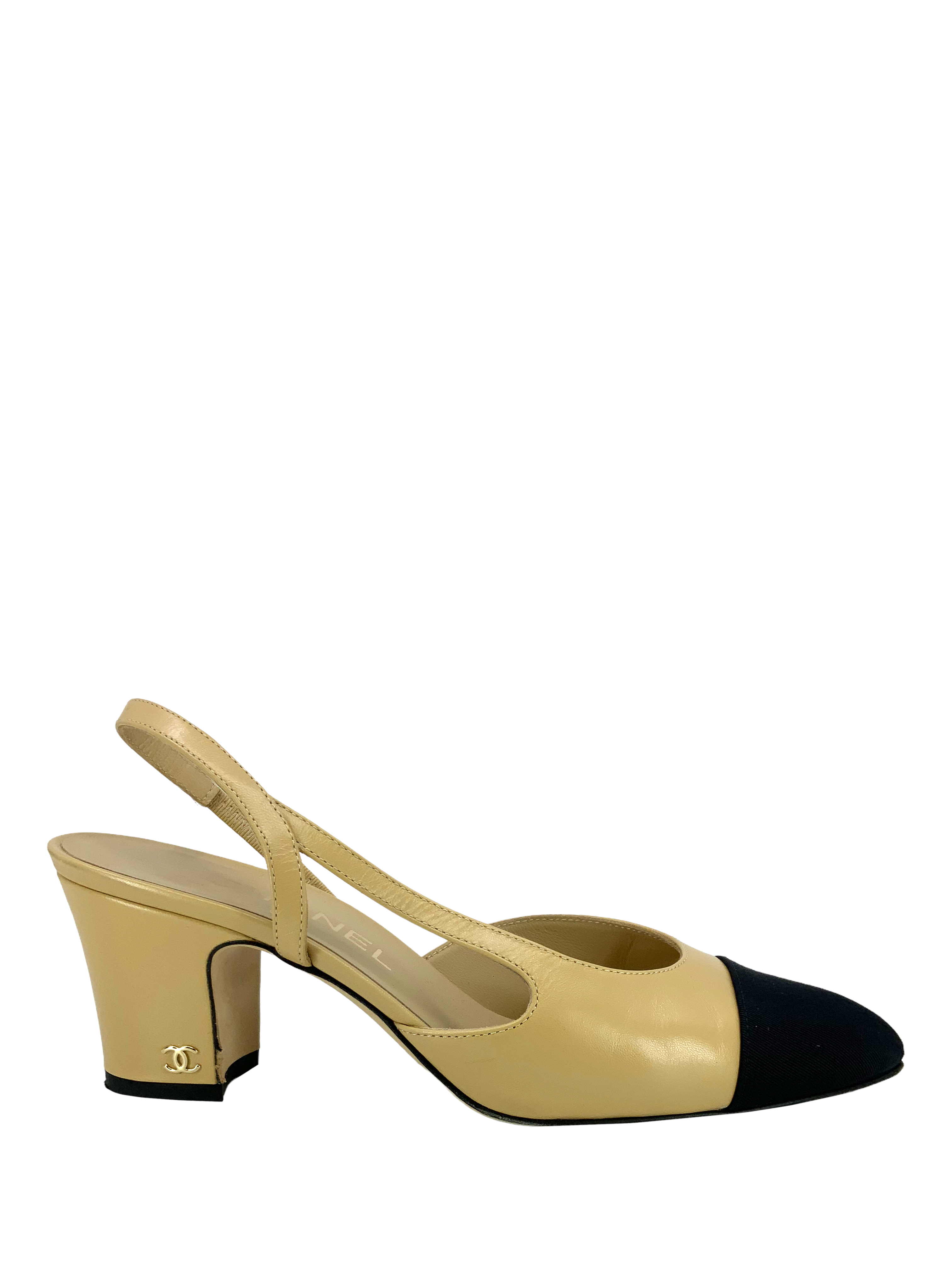 Chanel leather cap toe CC slingback pumps, size 6.5