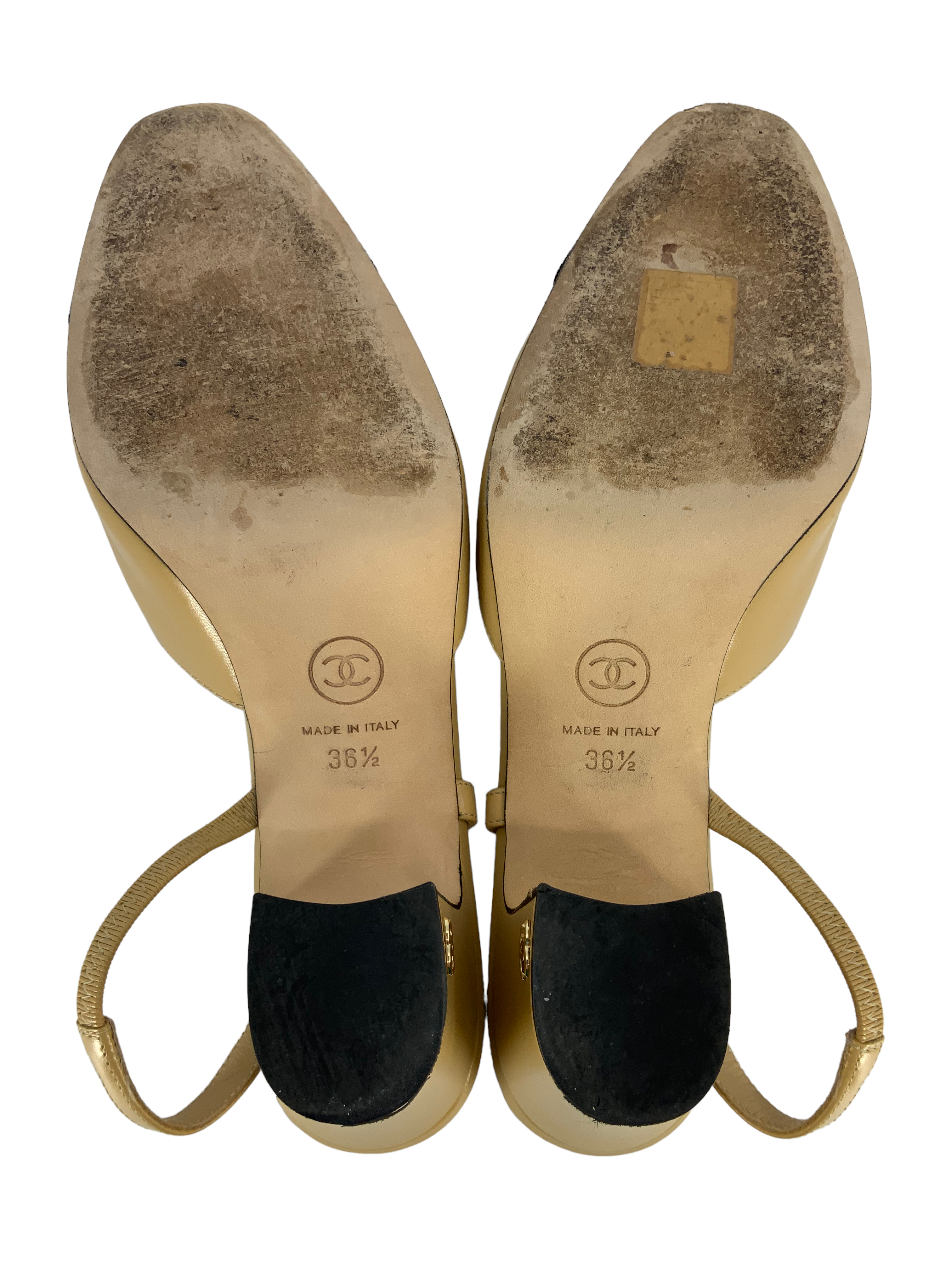 Chanel leather cap toe CC slingback pumps, size 6.5