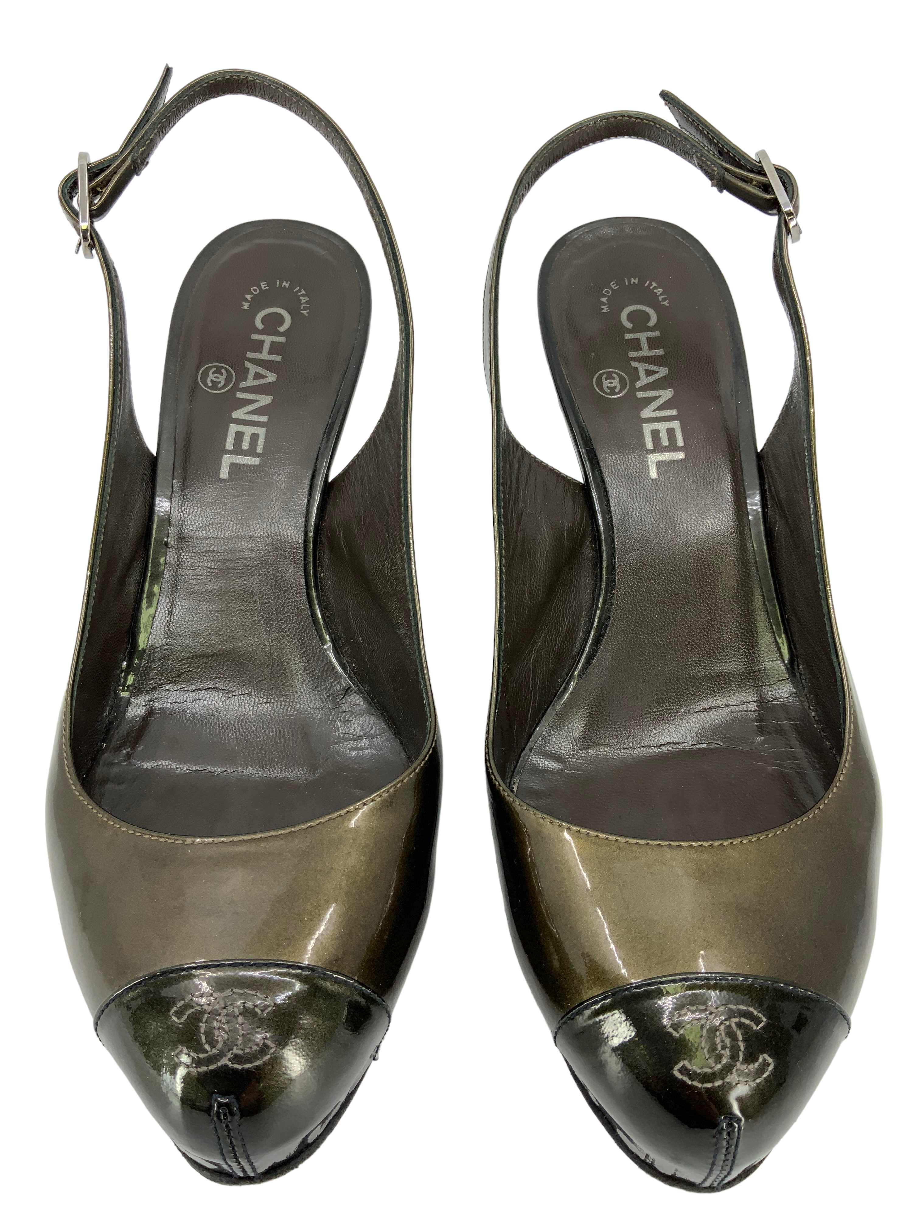 Chanel Patent Leather Cap Toe Slingback Pumps, Size 9, CC Logo