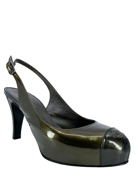 Chanel Patent Leather Cap Toe Slingback Pumps, Size 9, CC Logo