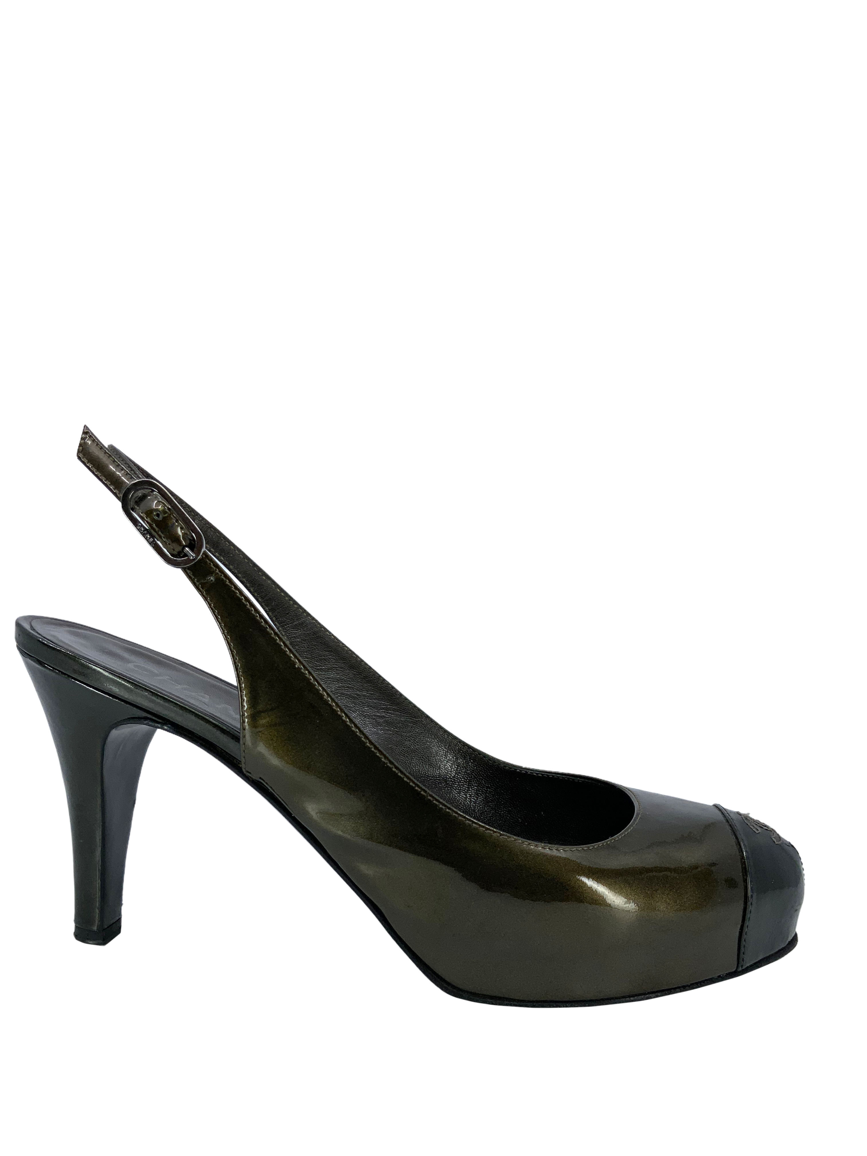 Chanel Patent Leather Cap Toe Slingback Pumps, Size 9, CC Logo