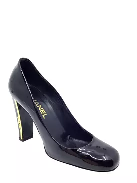 Chanel Patent Leather Metal Logo Heel Pumps Size 7.5 - Shop Now!