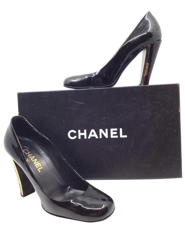 Chanel Patent Leather Metal Logo Heel Pumps Size 7.5 - Shop Now!