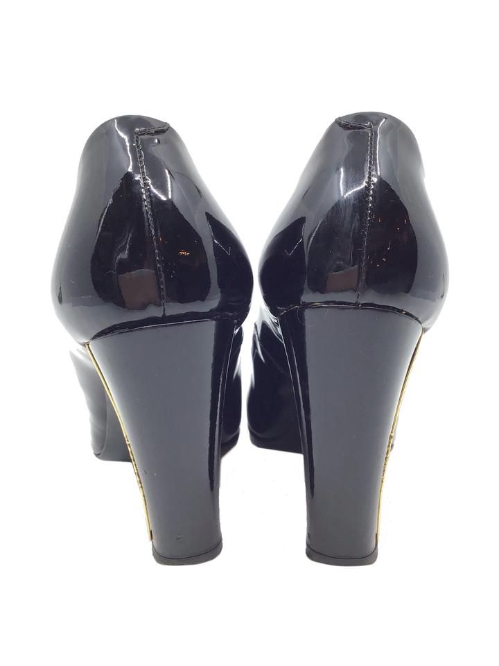 Chanel Patent Leather Metal Logo Heel Pumps Size 7.5 - Shop Now!