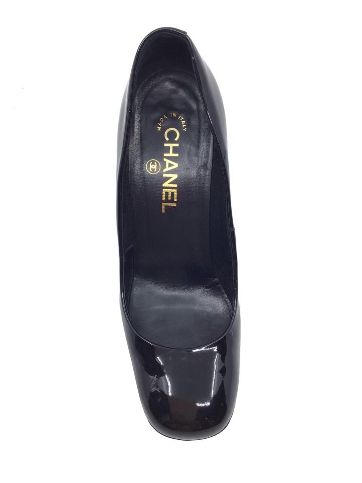 Chanel Patent Leather Metal Logo Heel Pumps Size 7.5 - Shop Now!