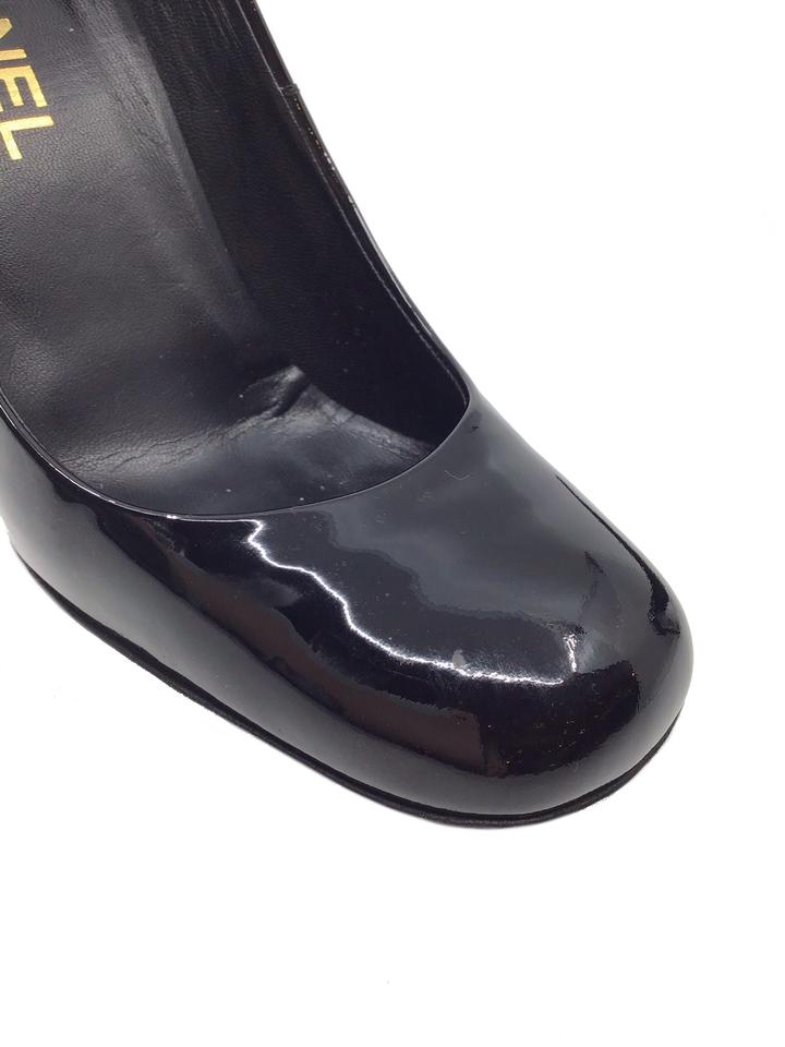 Chanel Patent Leather Metal Logo Heel Pumps Size 7.5 - Shop Now!