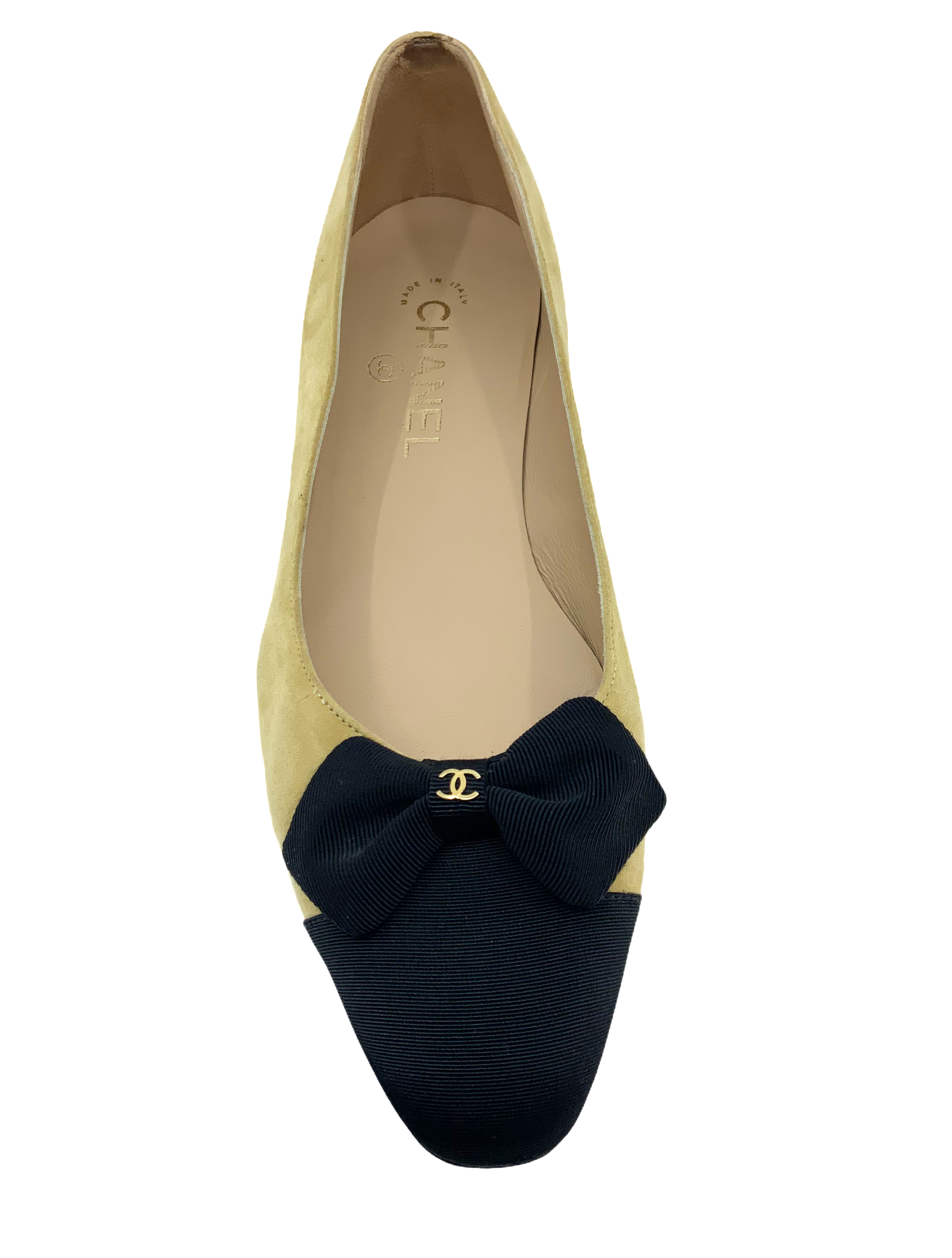 Chanel suede bow cap toe pumps, size 9.