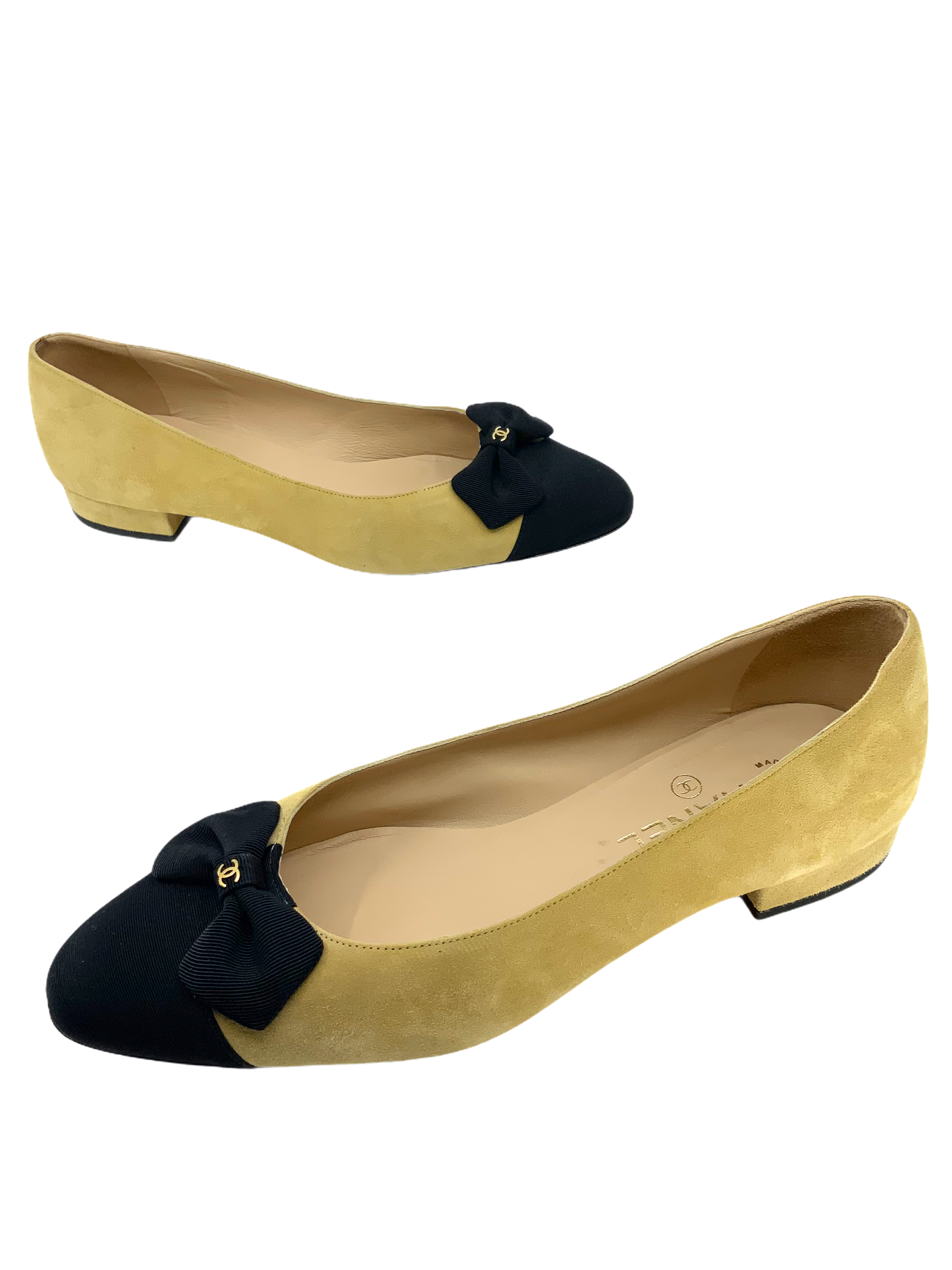 Chanel suede bow cap toe pumps, size 9.