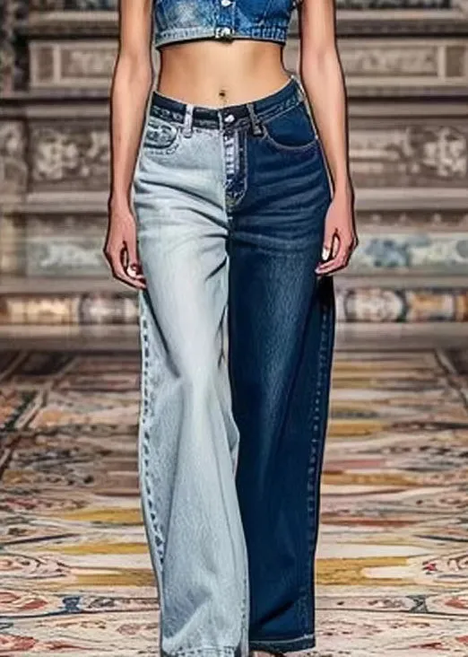 Chic Colorblock High Waist Denim Crop Pants with Asymmetrical Pockets for Summer