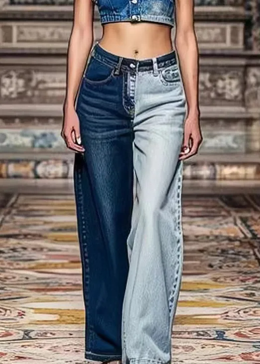 Chic Colorblock High Waist Denim Crop Pants with Asymmetrical Pockets for Summer