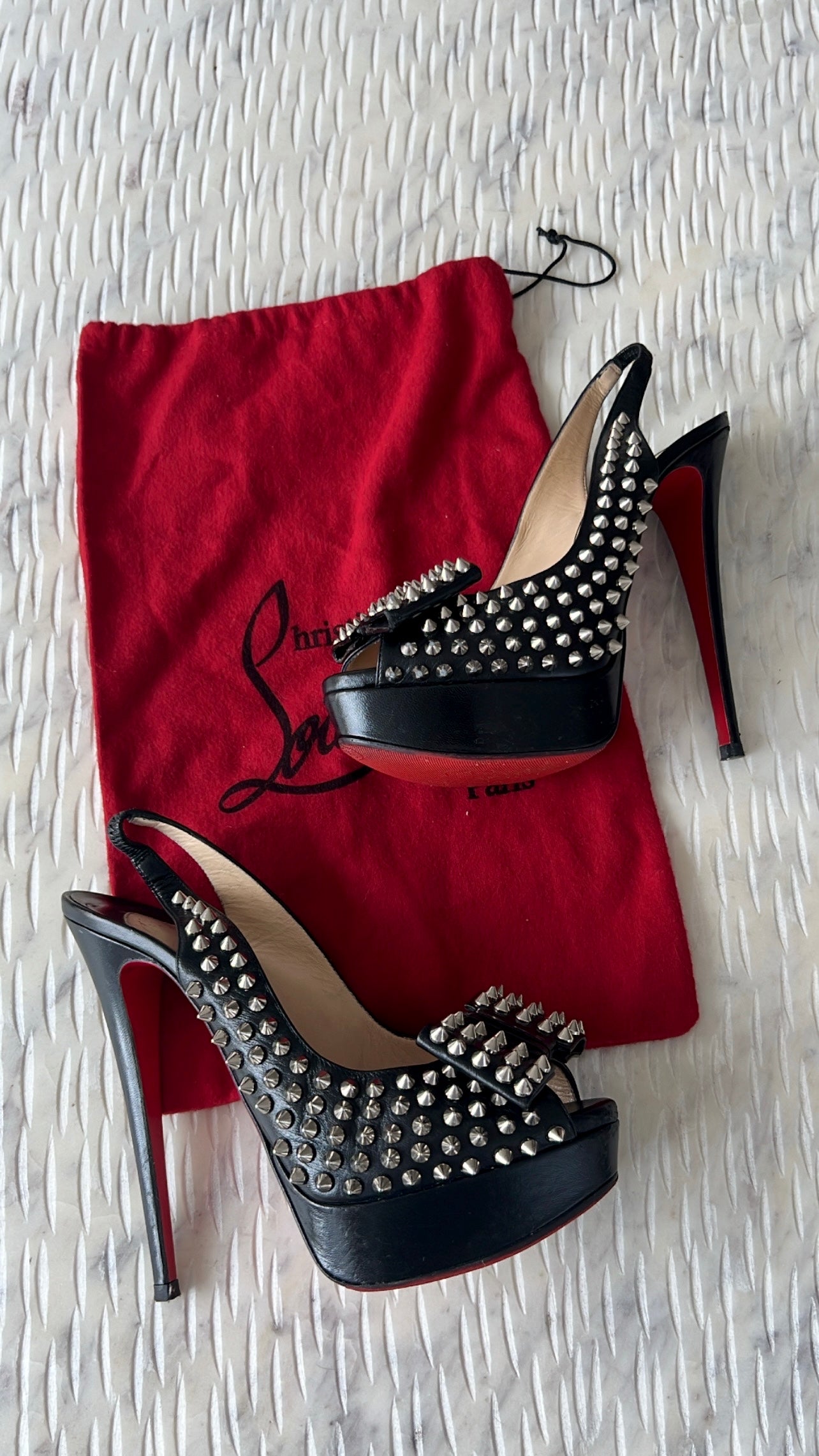 Christian Louboutin Black Clou Noeud Spikes 150mm Leather Platform Peep Toe Slingback Pumps