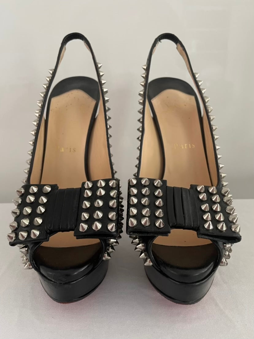 Christian Louboutin Black Clou Noeud Spikes 150mm Leather Platform Peep Toe Slingback Pumps