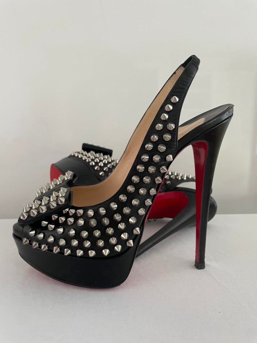 Christian Louboutin Black Clou Noeud Spikes 150mm Leather Platform Peep Toe Slingback Pumps