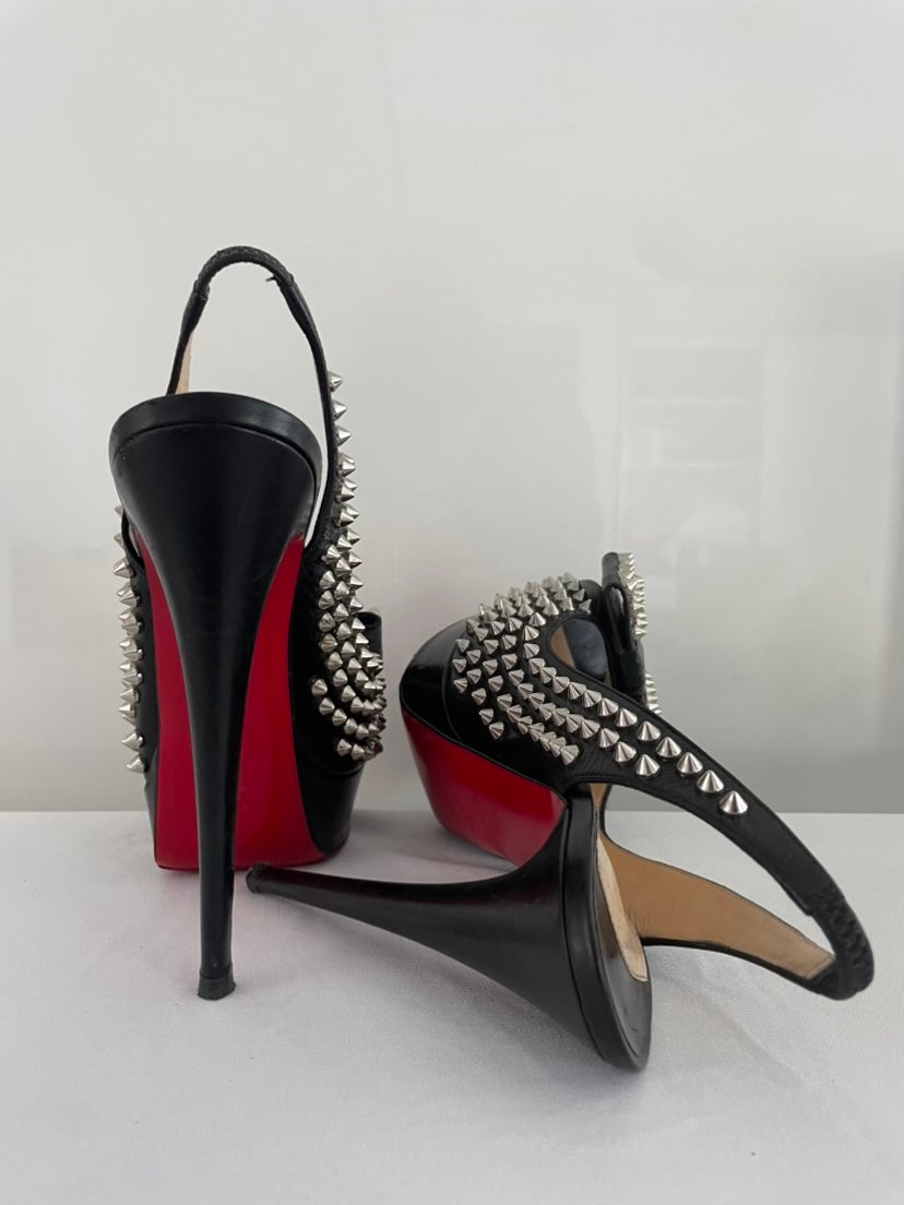 Christian Louboutin Black Clou Noeud Spikes 150mm Leather Platform Peep Toe Slingback Pumps