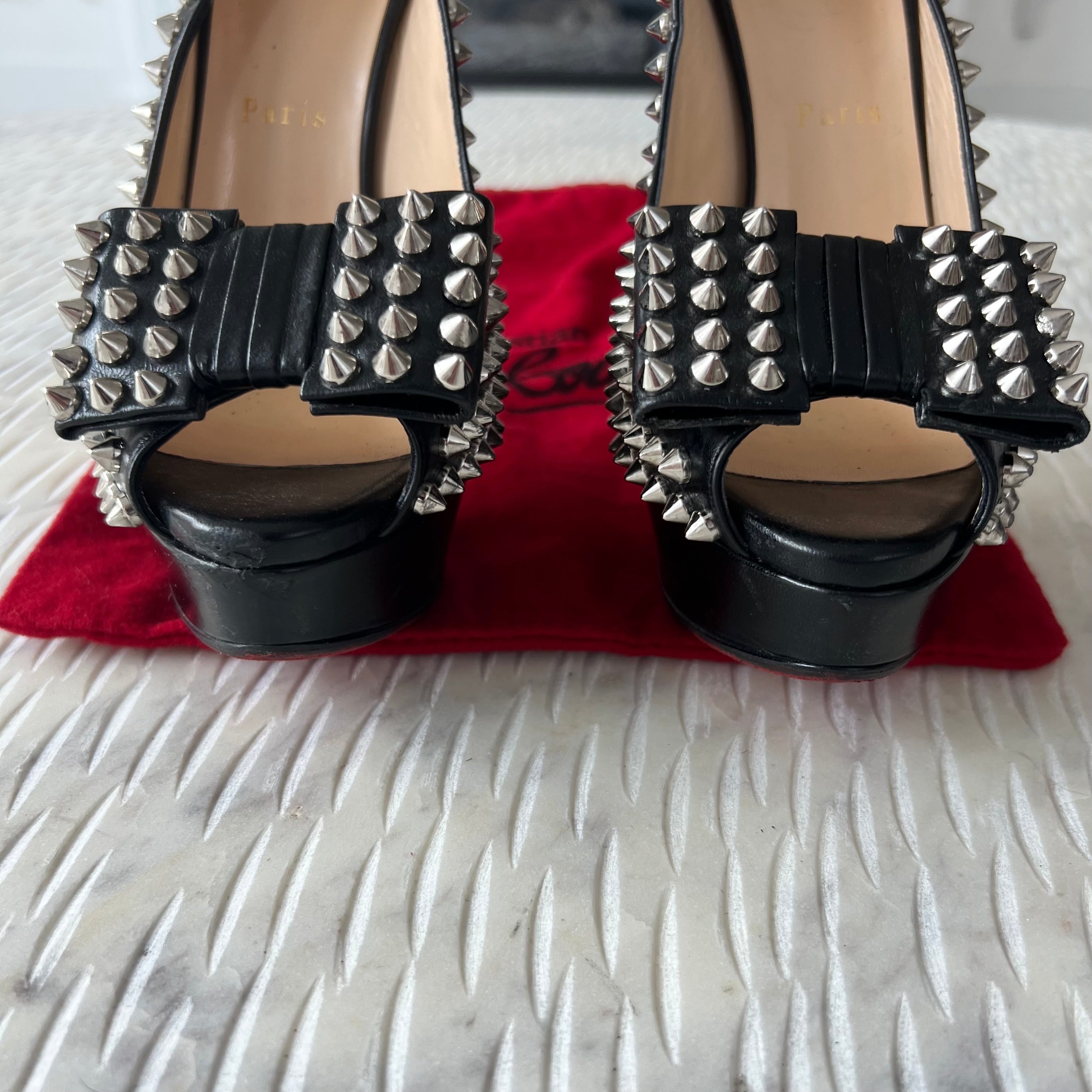 Christian Louboutin Black Clou Noeud Spikes 150mm Leather Platform Peep Toe Slingback Pumps