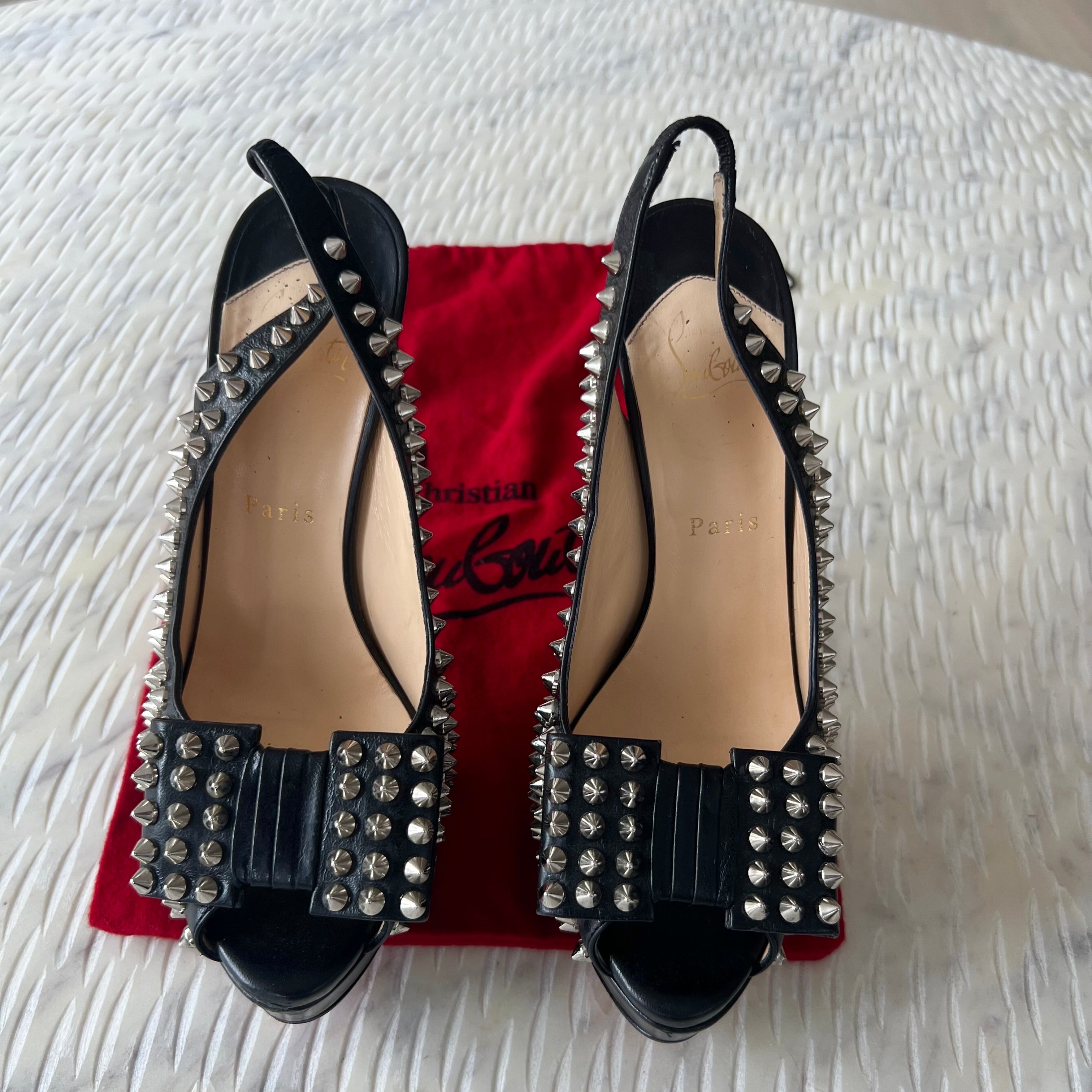 Christian Louboutin Black Clou Noeud Spikes 150mm Leather Platform Peep Toe Slingback Pumps