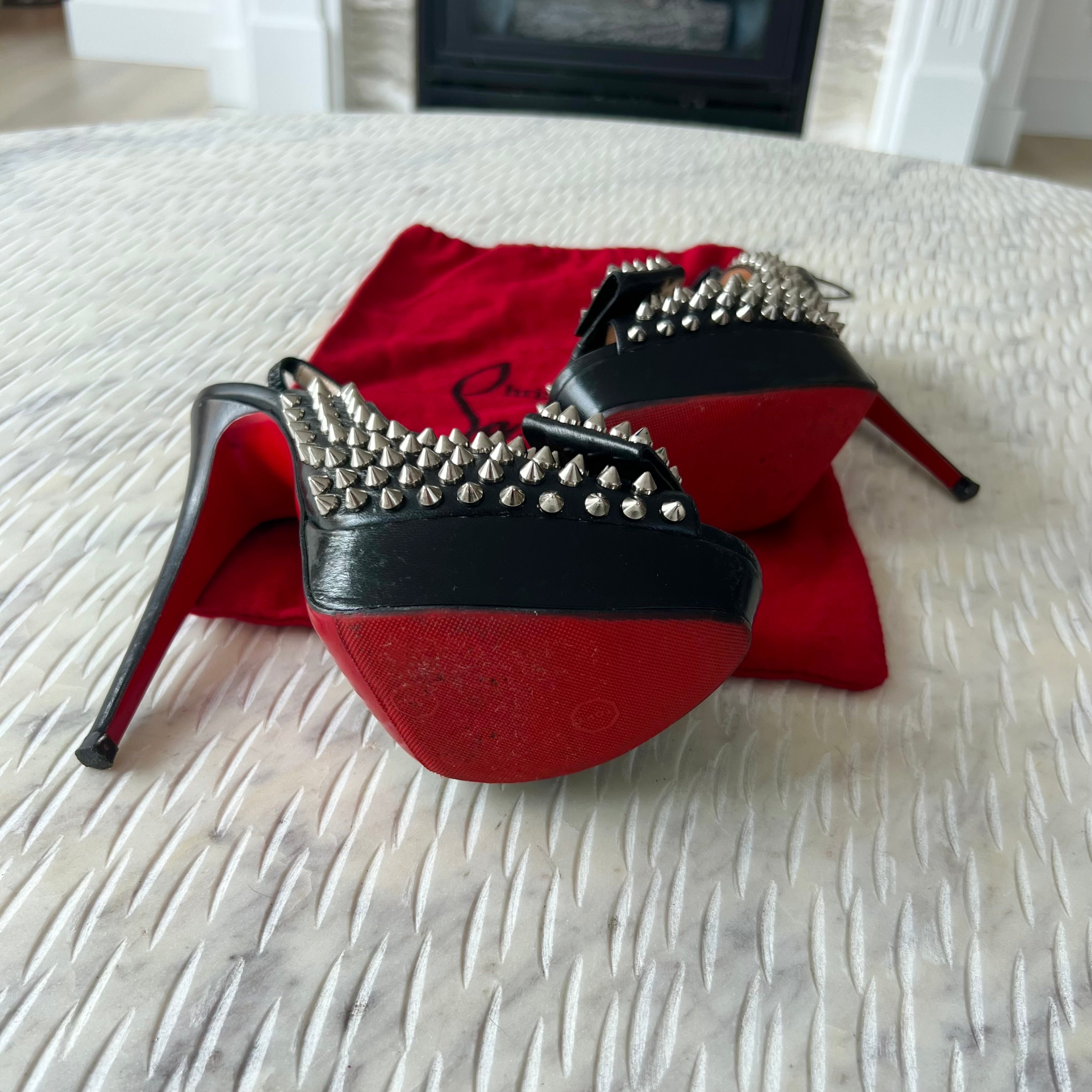 Christian Louboutin Black Clou Noeud Spikes 150mm Leather Platform Peep Toe Slingback Pumps