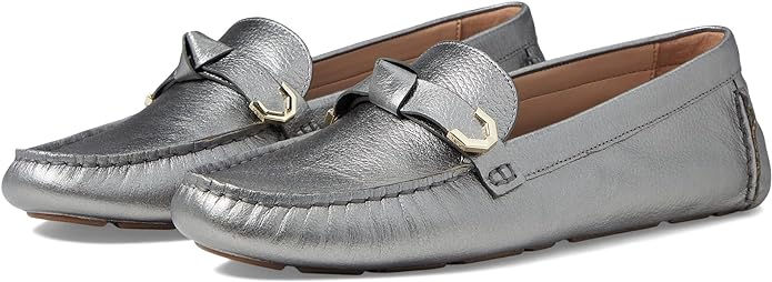 Cole Haan Evelyn Bow Driver Pewter Metallic Flats Loafers - slip on, rounded toe.