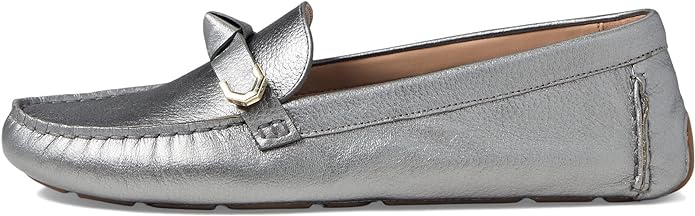 Cole Haan Evelyn Bow Driver Pewter Metallic Flats Loafers - slip on, rounded toe.