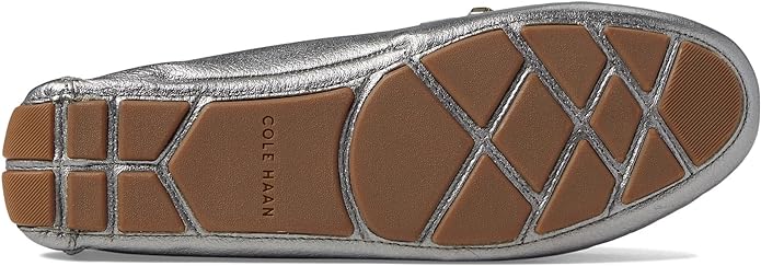 Cole Haan Evelyn Bow Driver Pewter Metallic Flats Loafers - slip on, rounded toe.