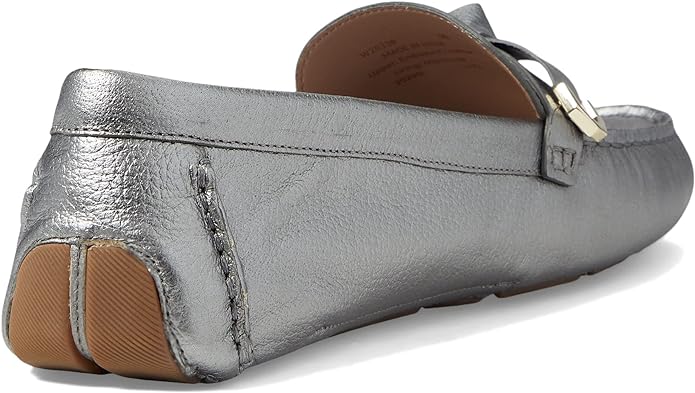 Cole Haan Evelyn Bow Driver Pewter Metallic Flats Loafers - slip on, rounded toe.