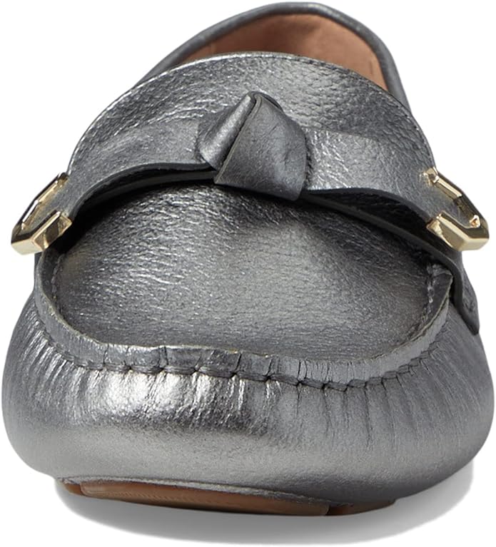 Cole Haan Evelyn Bow Driver Pewter Metallic Flats Loafers - slip on, rounded toe.