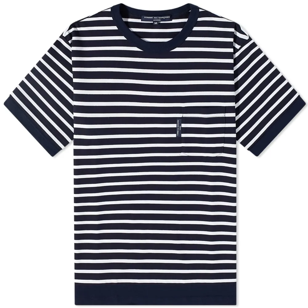 Comme des Garçons Homme Navy & White Striped Nylon Hem Pocket T-Shirt