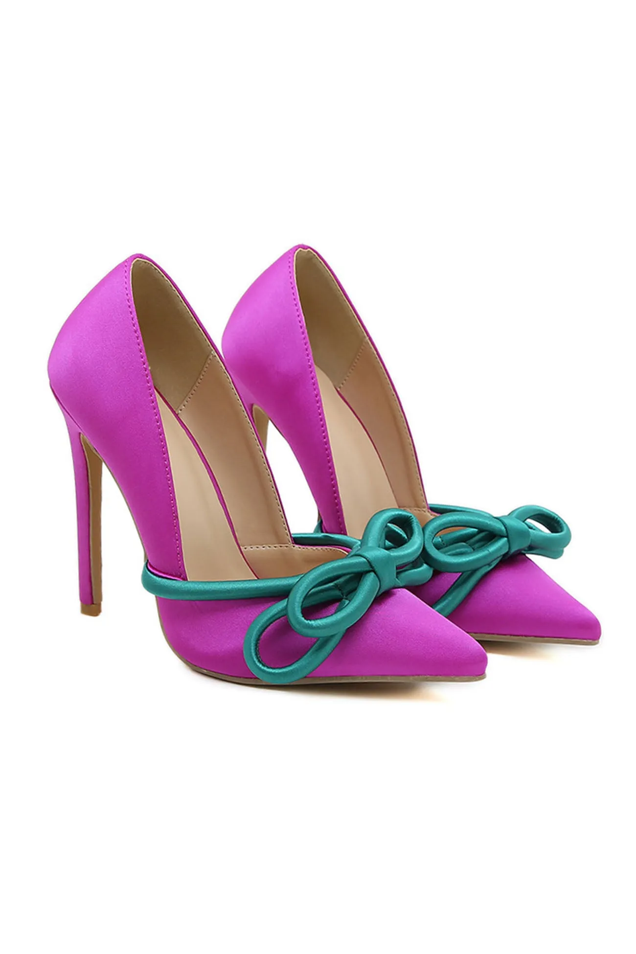 Bow Accent Two-Tone Pointed Toe High Heel Shoes