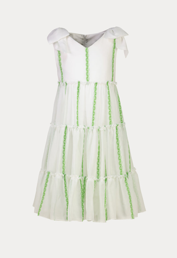 Contrasting Sleeveless Dress with Embroidered Tiers