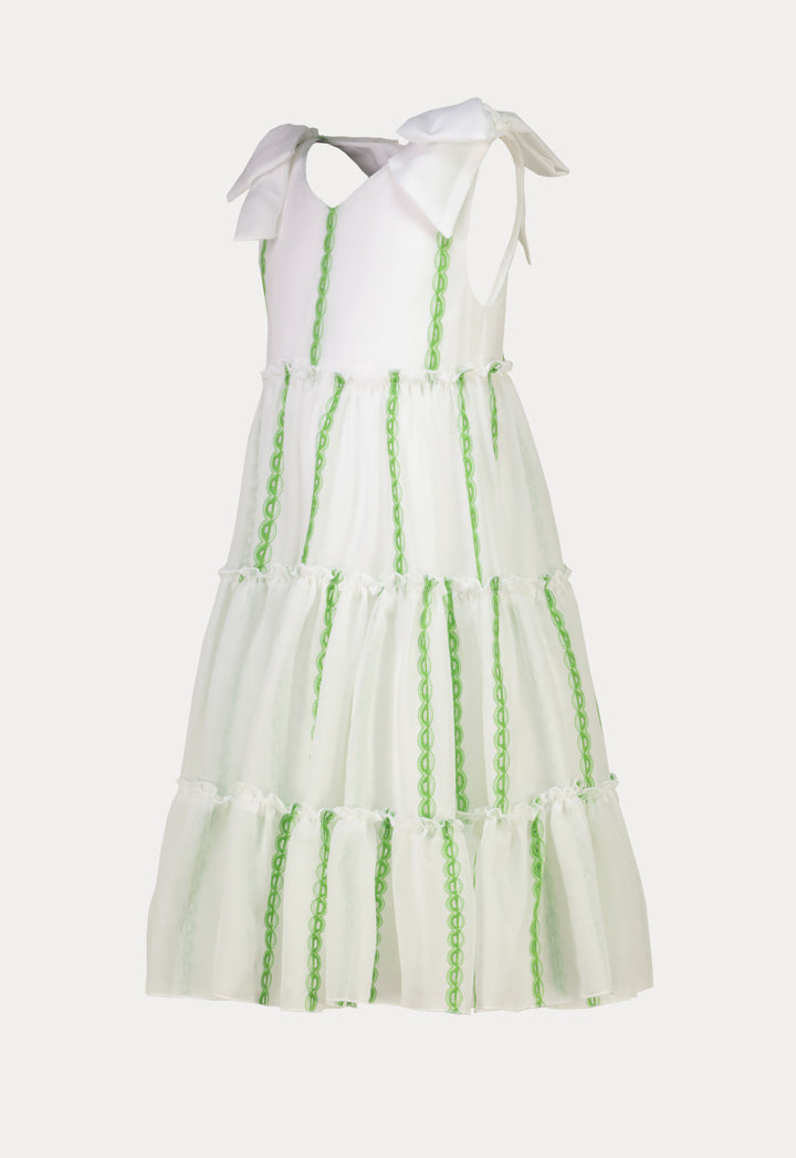 Contrasting Sleeveless Dress with Embroidered Tiers