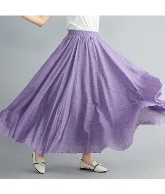 Cotton and Linen Elastic Waist A-line Skirt Solid Color Ethnic Dress