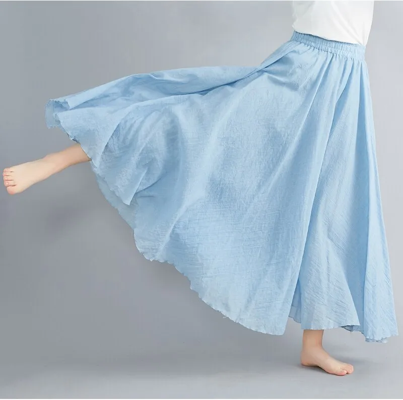 Cotton and Linen Elastic Waist A-line Skirt Solid Color Ethnic Dress