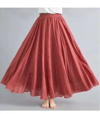 Cotton and Linen Elastic Waist A-line Skirt Solid Color Ethnic Dress