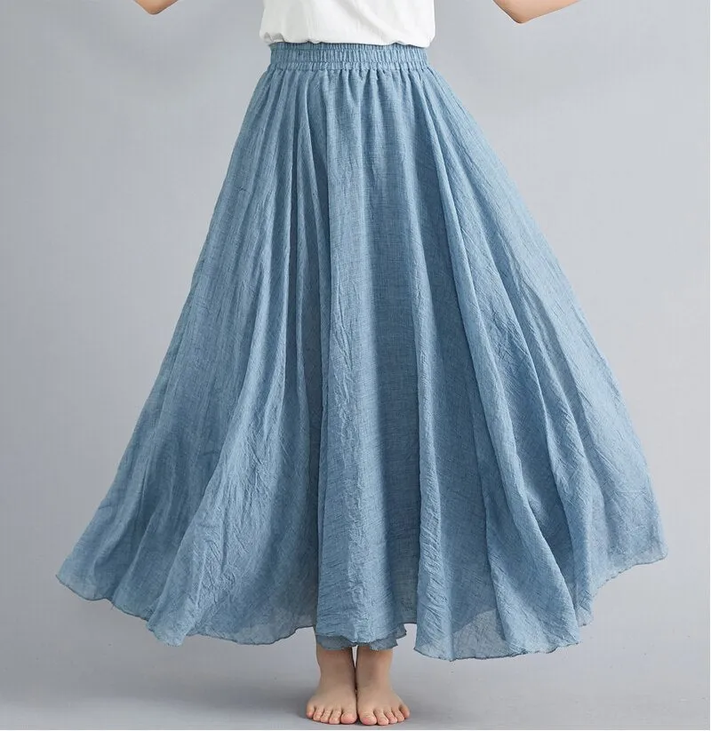 Cotton and Linen Elastic Waist A-line Skirt Solid Color Ethnic Dress