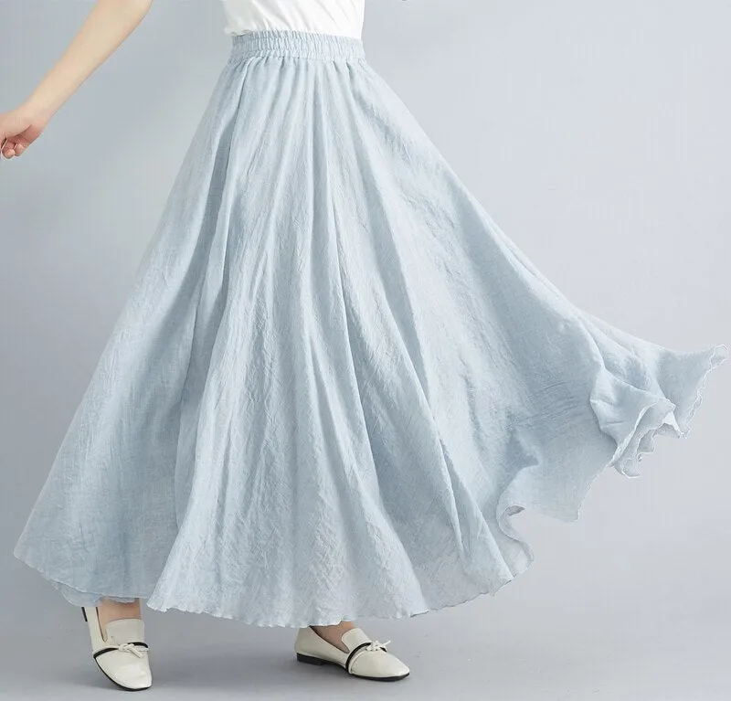 Cotton and Linen Elastic Waist A-line Skirt Solid Color Ethnic Dress